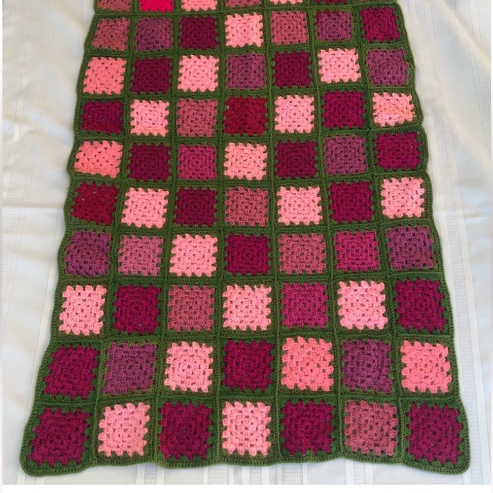 Granny square afghan crochet throw blanket pink, magenta, green VINTAGE handmade